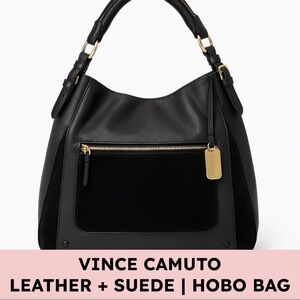 Vince Camuto Leather & Suede Hobo Shoulder Bag Black Gold Large